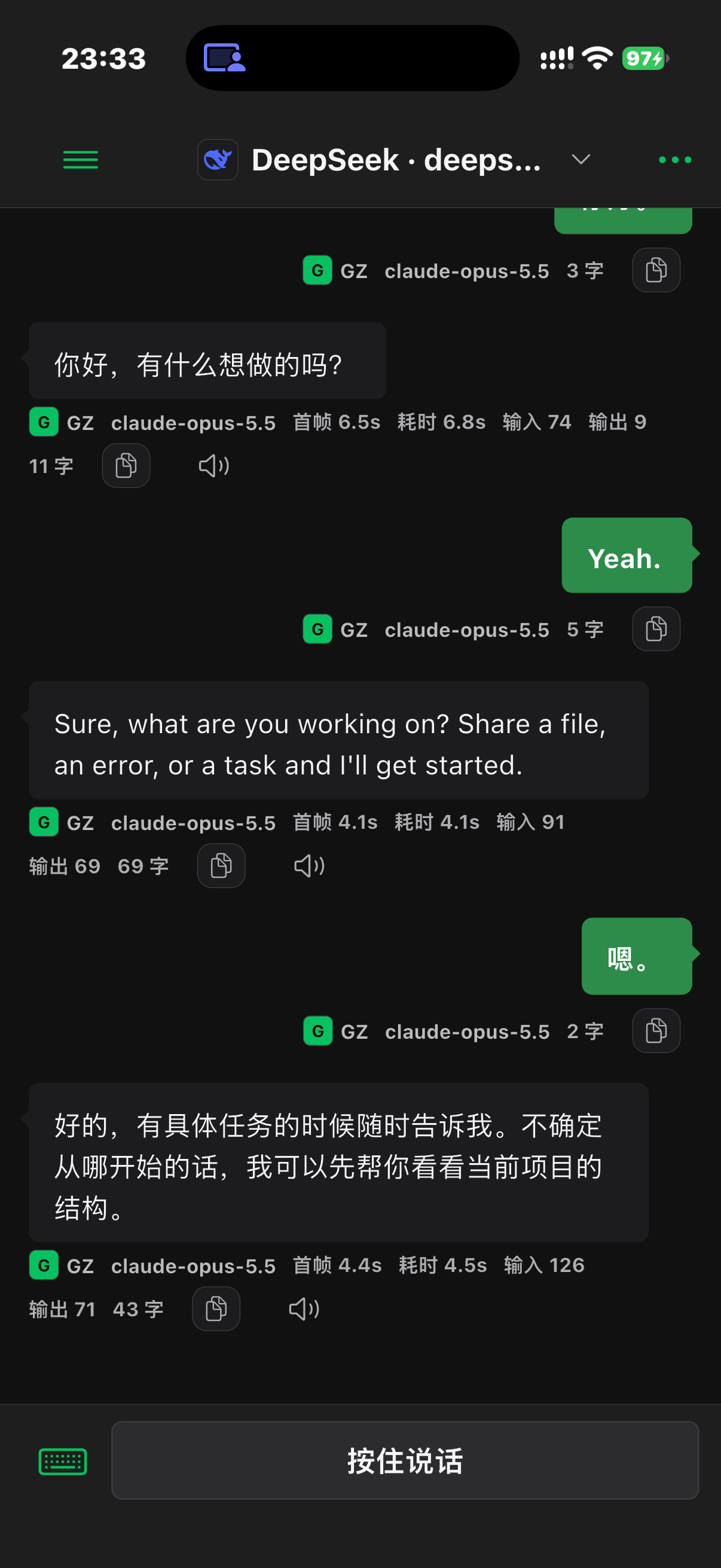 AI Link iPhone 真实聊天界面,显示模型回复、用量信息和按住说话入口