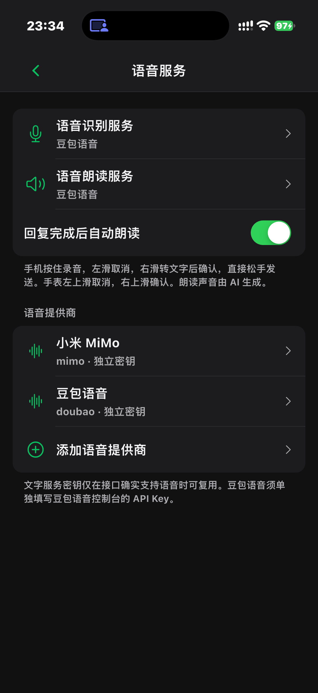 iPhone 语音服务设置,分别选择识别、朗读服务与自动朗读